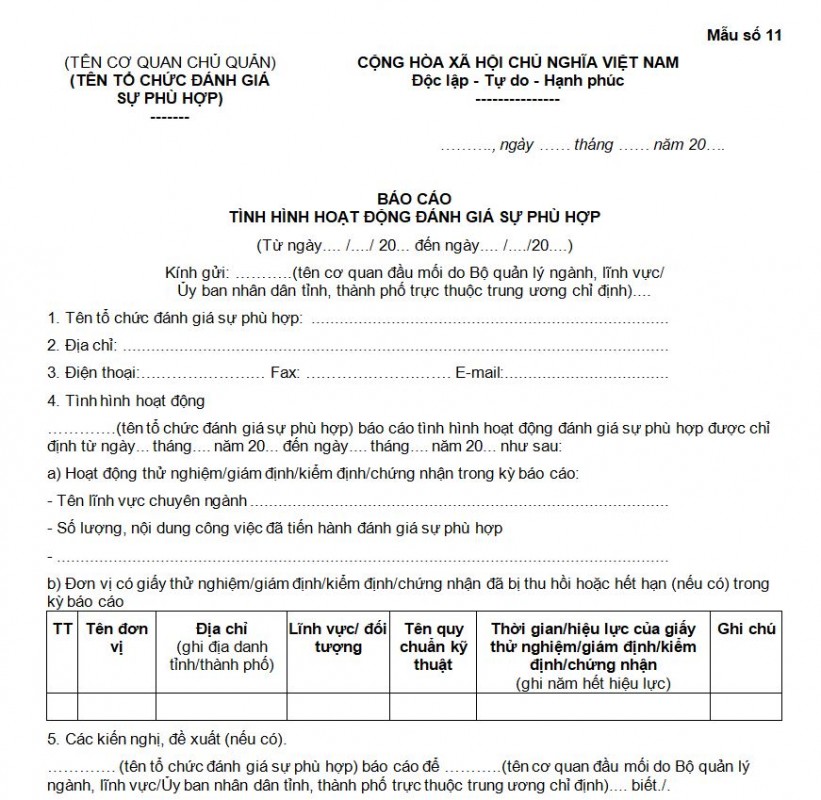 Mẫu số 11: Báo cáo tình hình hoạt động đánh giá sự phù hợp