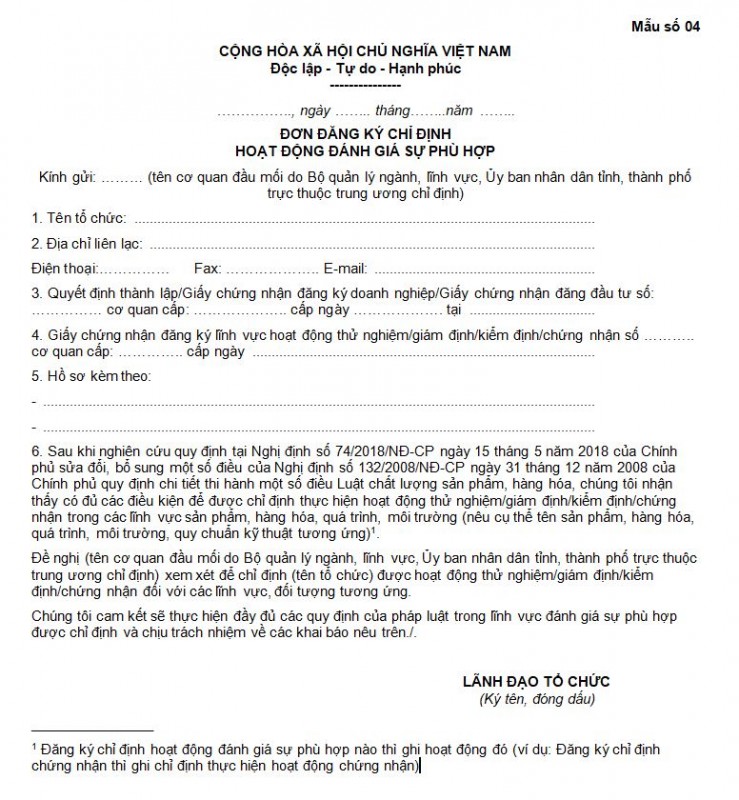 Mẫu số 04: Đơn đăng ký chỉ định hoạt động đánh giá sự phù hợp