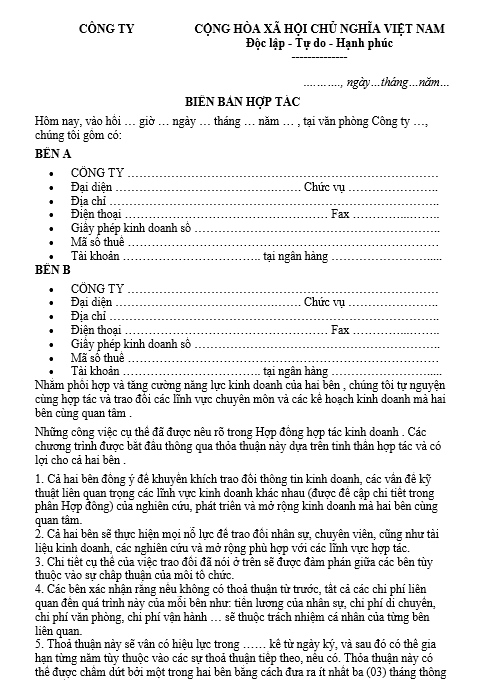 Mẫu biên bản hợp tác