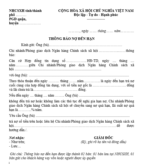 Mẫu thông báo nợ đến hạn