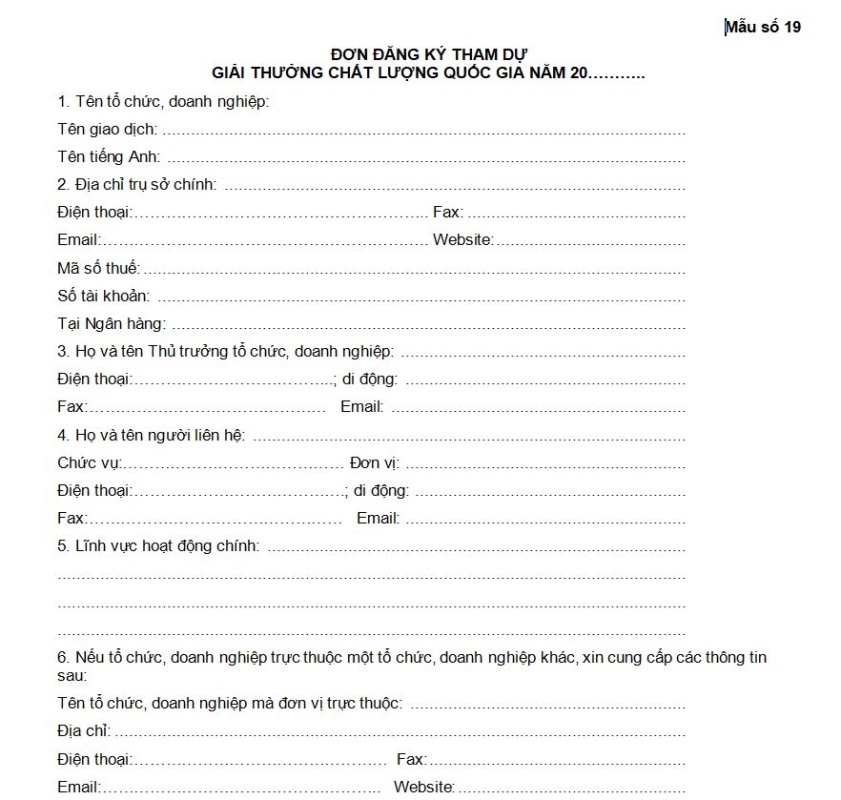 Mẫu số 19: Đơn đăng ký tham dự Giải thưởng chất lượng quốc gia