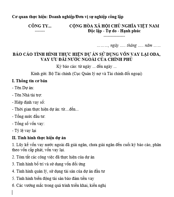 Mẫu báo cáo tình hình thực hiện dự án sử dụng vốn vay lại ODA của đơn vị sự nghiệp công lập