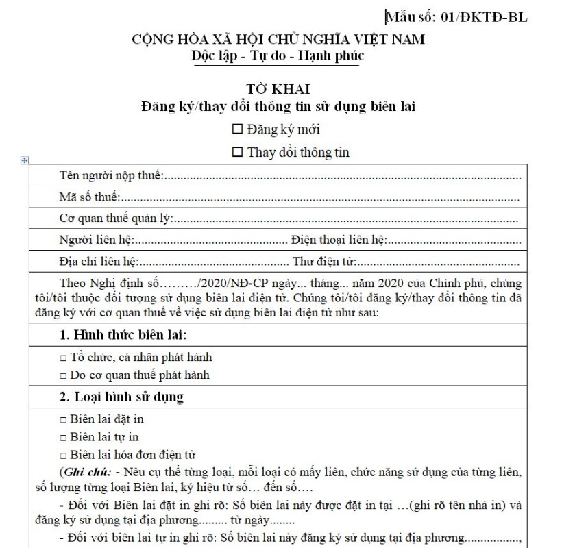 Mẫu 01/ĐKTĐ-BL: Tờ khai đăng ký/thay đổi thông tin sử dụng biên lai