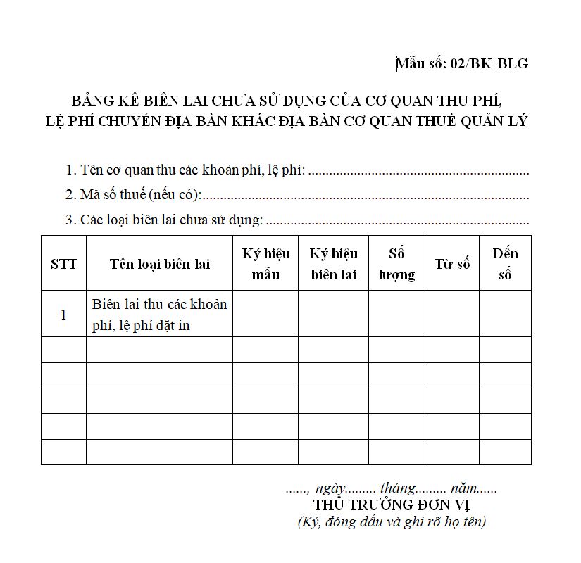 Mẫu 02/BK-BLG: Bảng kê biên lai khi chuyển địa điểm