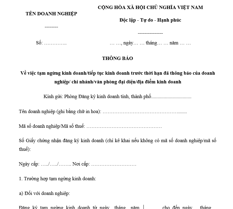 Mẫu thông báo tạm ngừng hoạt động của doanh nghiệp