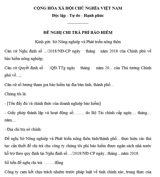 Đơn đề nghị chi trả phí bảo hiểm nông nghiệp