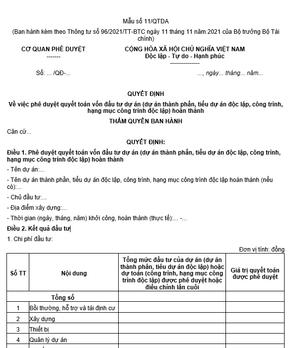 Mẫu số 11/QTDA: Quyết định về việc phê duyệt quyết toán vốn đầu tư dự án