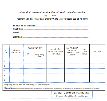 Mẫu bảng kê sử dụng chứng từ khấu trừ thuế TNCN