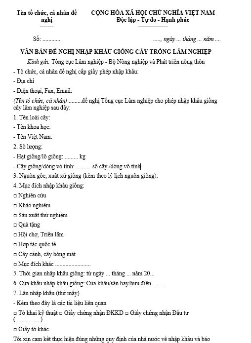 Mẫu số 01/LN văn bản đề nghị nhập khẩu giống cây trồng lâm nghiệp