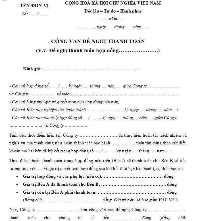 Mẫu Công văn đề nghị thanh toán hợp đồng xây dựng