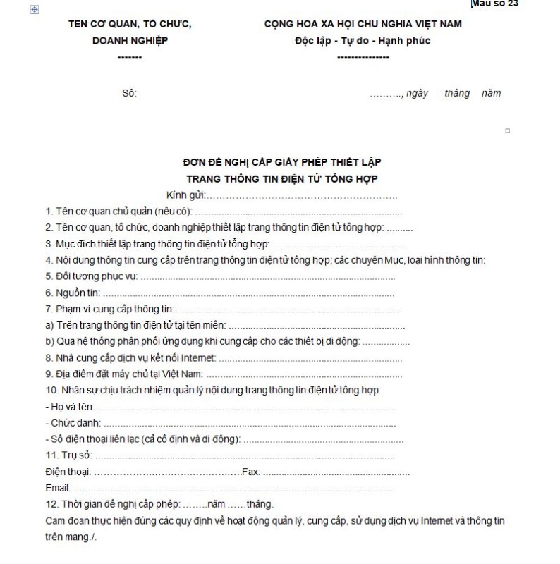 Mẫu số 23 - Đơn đề nghị cấp giấy phép thiết lập trang thông tin điện tử tổng hợp