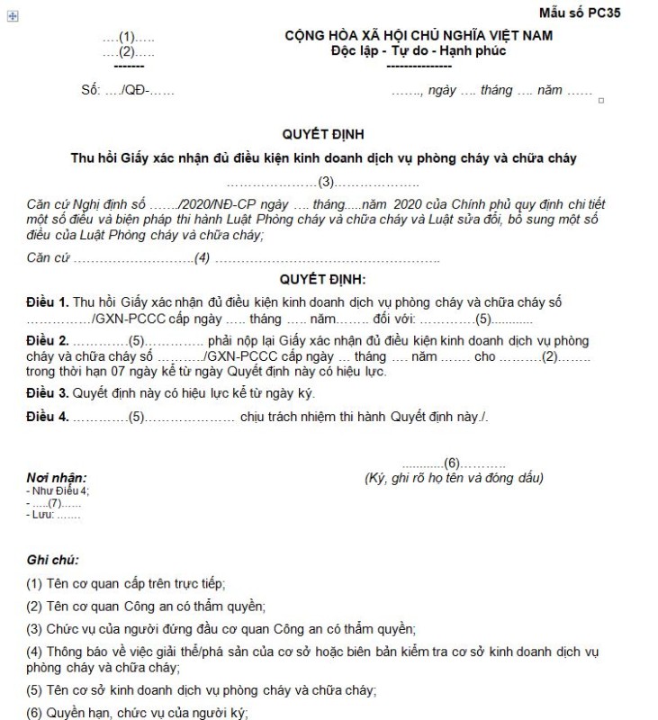 Mẫu số PC35: Quyết định thu hồi Giấy xác nhận đủ điều kiện kinh doanh dịch vụ phòng cháy và chữa cháy