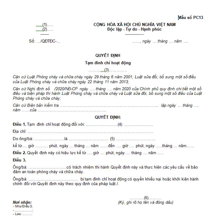 Mẫu số PC13: Quyết định tạm đình chỉ hoạt động