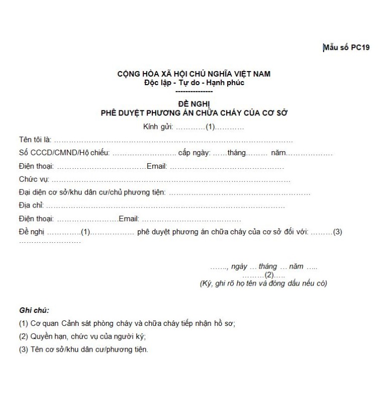 Mẫu số PC19: Văn bản đề nghị phê duyệt phương án chữa cháy của cơ sở