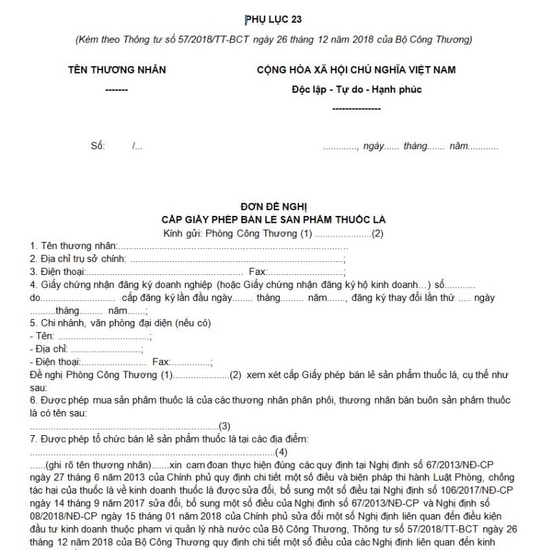 Phụ lục 23: Đơn đề nghị cấp giấy phép bán lẻ sản phẩm thuốc lá