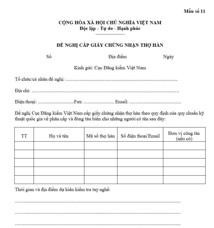 Mẫu số 11: Đề nghị cấp giấy chứng nhận thợ hàn
