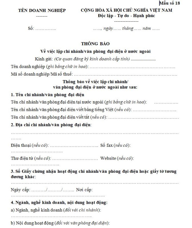 Mẫu số 18: Thông báo về việc lập chi nhánh/văn phòng đại diện ở nước ngoài