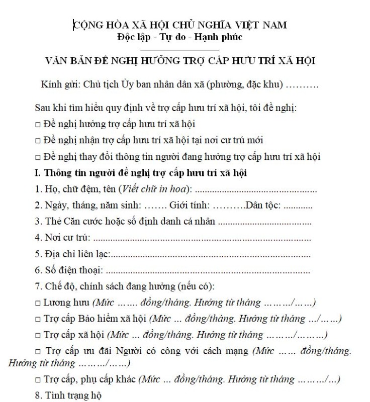 Mẫu Văn bản đề nghị hưởng trợ cấp hưu trí xã hội 2025