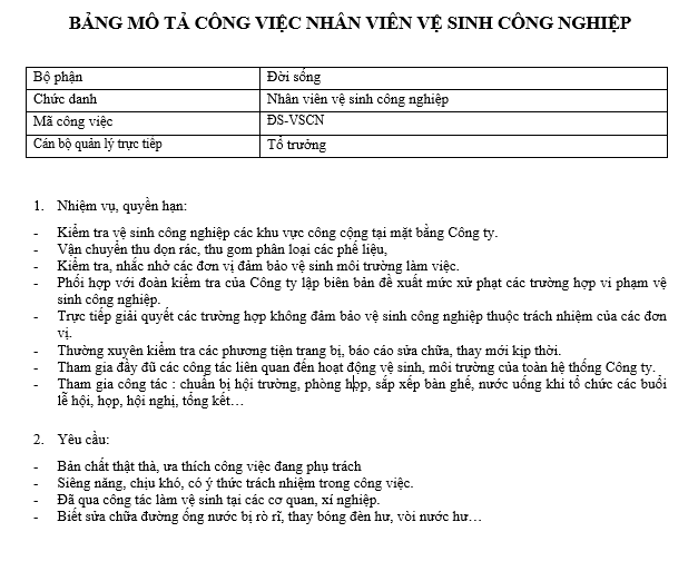 Bảng mô tả công việc của nhân viên vệ sinh công nghiệp