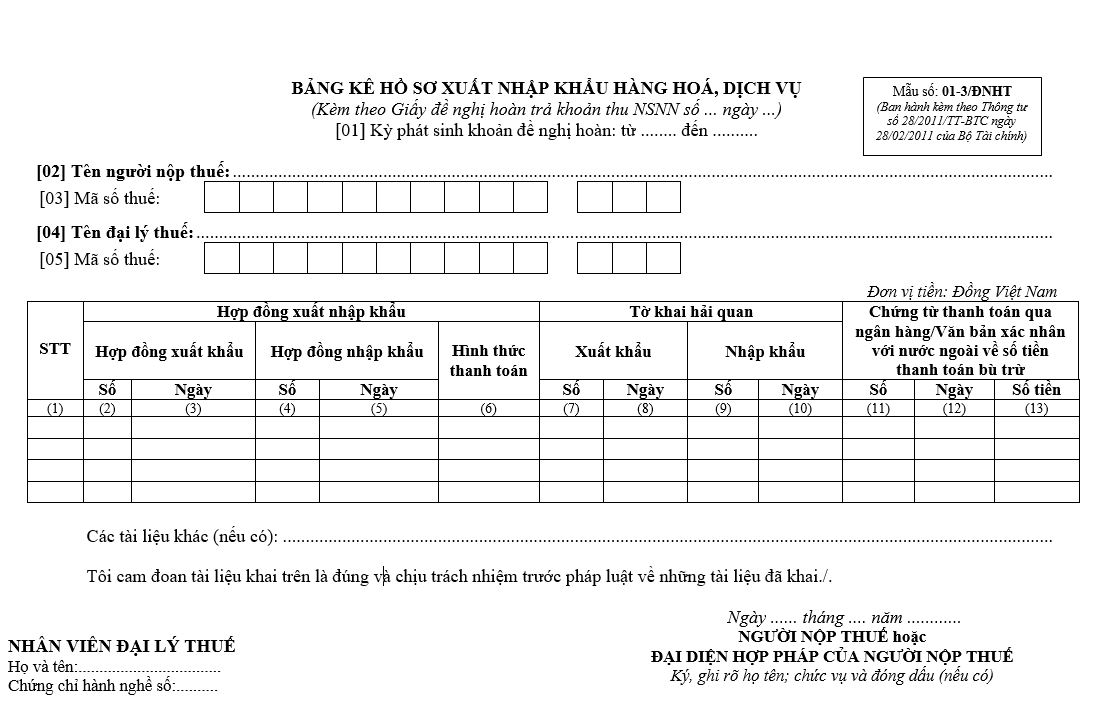 Mẫu số 01ĐNHT: Bảng kê hồ sơ xuất nhập khẩu hàng hóa, dịch vụ