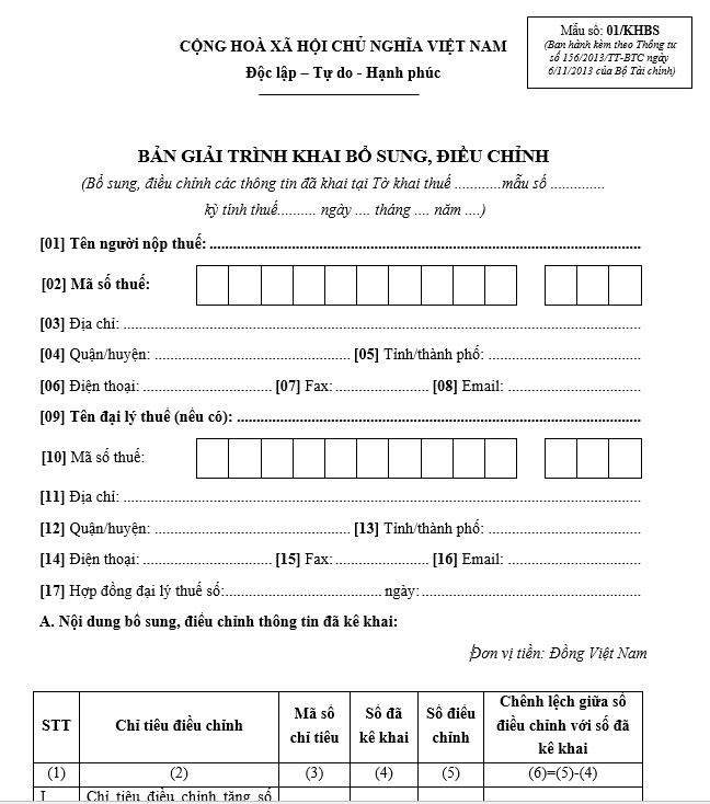 Mẫu số 01/KHBS: Bản giải trình khai bổ sung, điều chỉnh