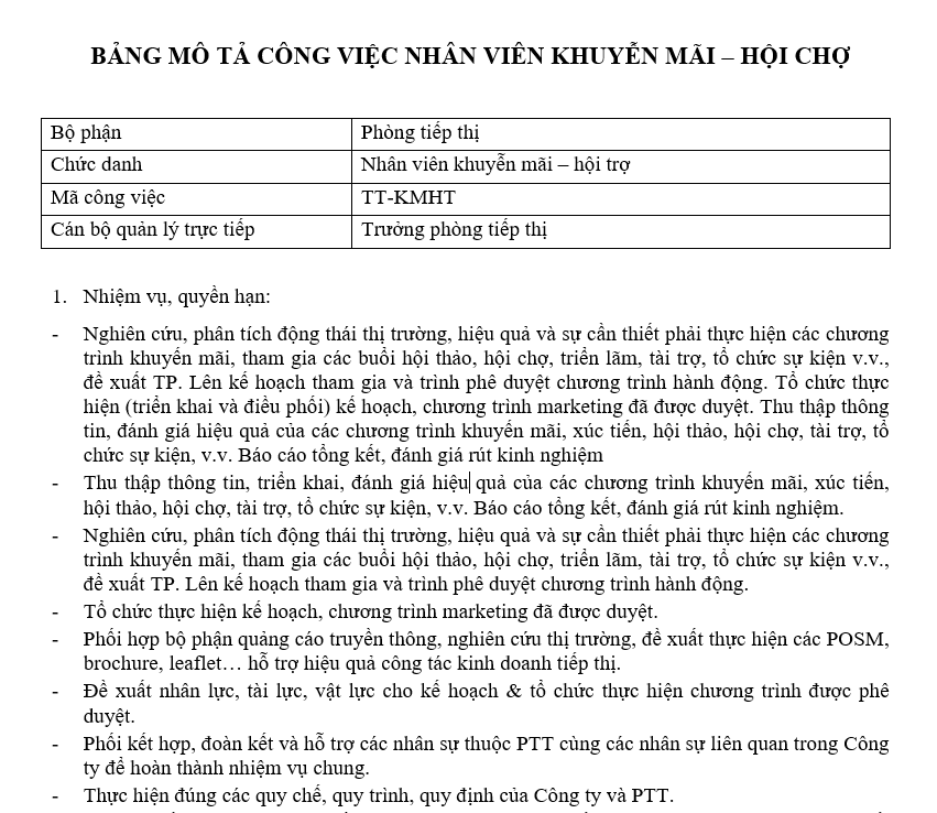 Bảng mô tả công việc của nhân viên khuyến mãi hội trợ