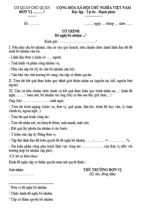 Mẫu tờ trình đề nghị bổ nhiệm