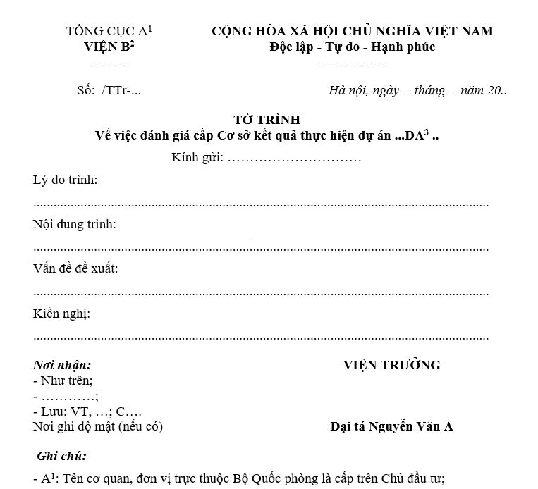 Mẫu tờ trình đánh giá cấp cơ sở kết quả thực hiện dự án