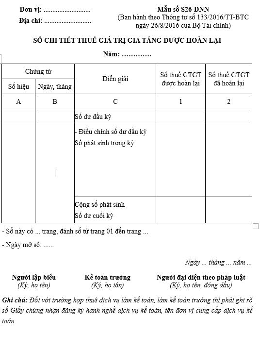 Mẫu số S26-DNN: Sổ chi tiết thuế giá trị gia tăng được hoàn lại