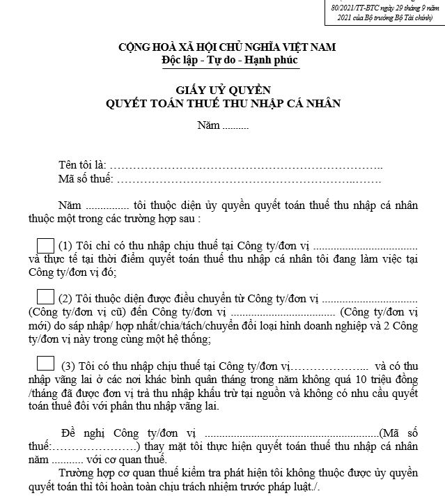 Mẫu 08/UQ-QTT-TNCN: Mẫu giấy ủy quyền quyết toán thuế thu nhập cá nhân