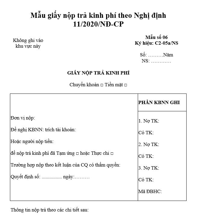 Mẫu C2-05a/NS: Giấy nộp trả kinh phí 2024 mới nhất