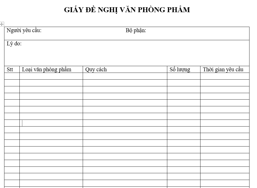 Quy trình quản lý văn phòng phẩm - Giấy đề nghị văn phòng phẩm