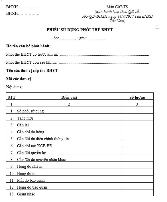 Mẫu C07-TS: Phiếu sử dụng phôi thẻ BHYT