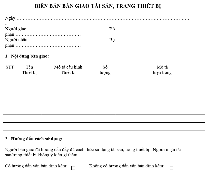 Quy định quản lý tài sản - Biên bản bàn giao tài sản, trang thiết bị