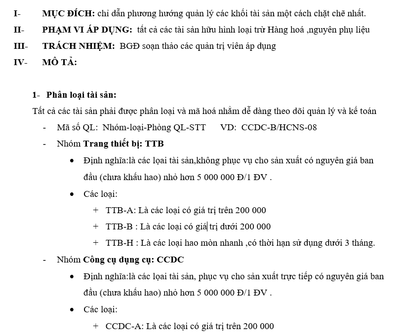 Quy định quản lý tài sản - Chính sách và nguyên tắc quản lý tài sản