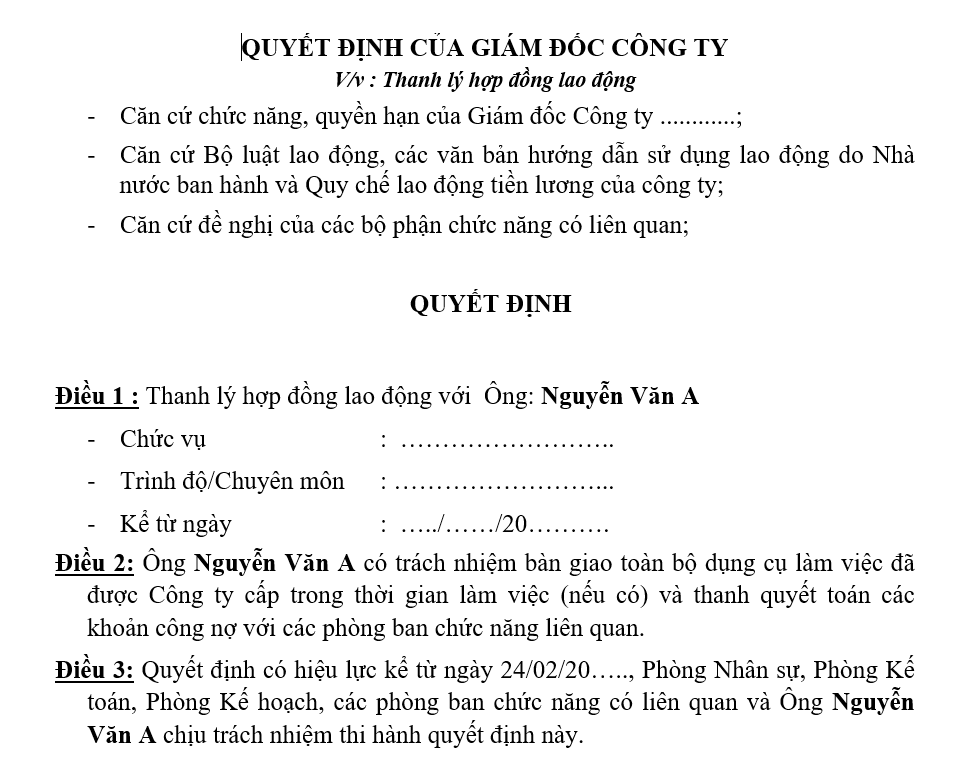 Hệ thống quản trị nhân sự - Quyết định thanh lý hợp đồng