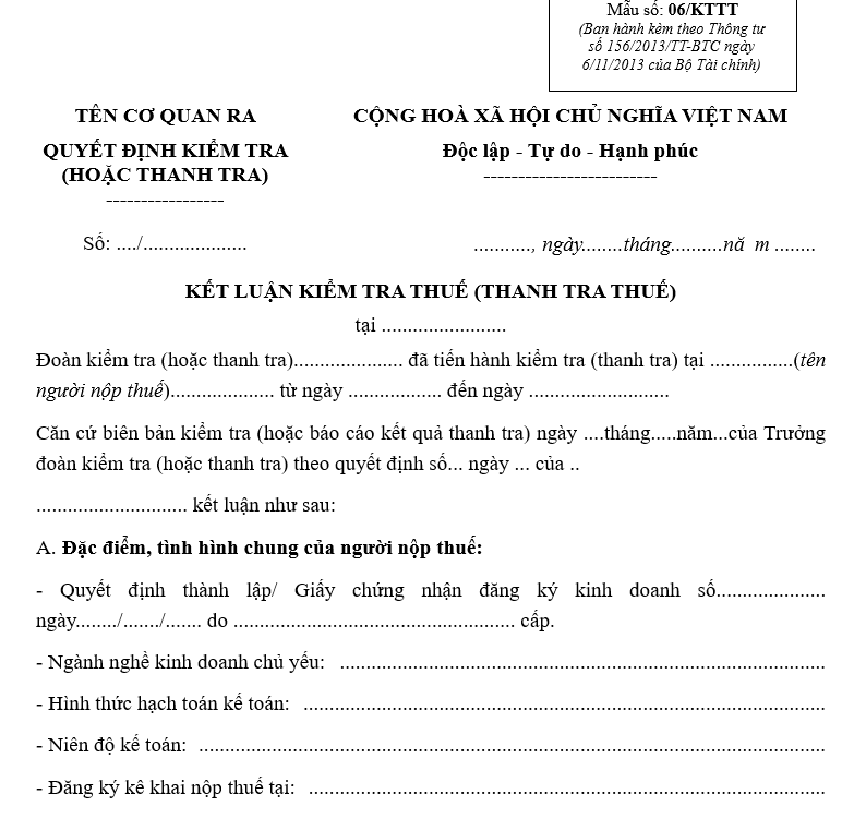 Mẫu số 06/KTTT: Kết luận kiểm tra thuế