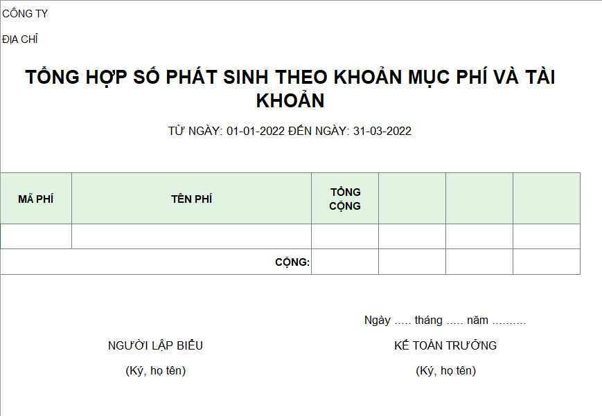 Tổng hợp số phát sinh theo khoản mục phí và tải khoản