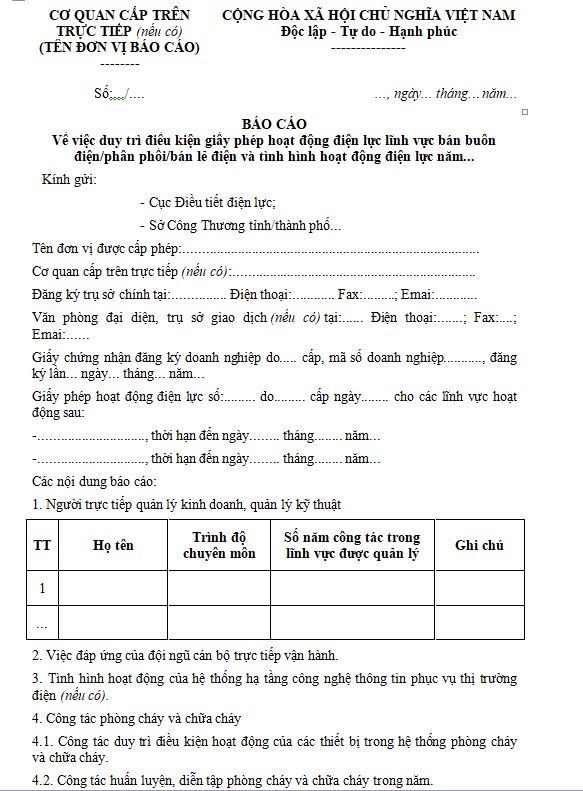 Mẫu báo cáo duy trì các điều kiện giấy phép hoạt động điện lực lĩnh vực bán điện