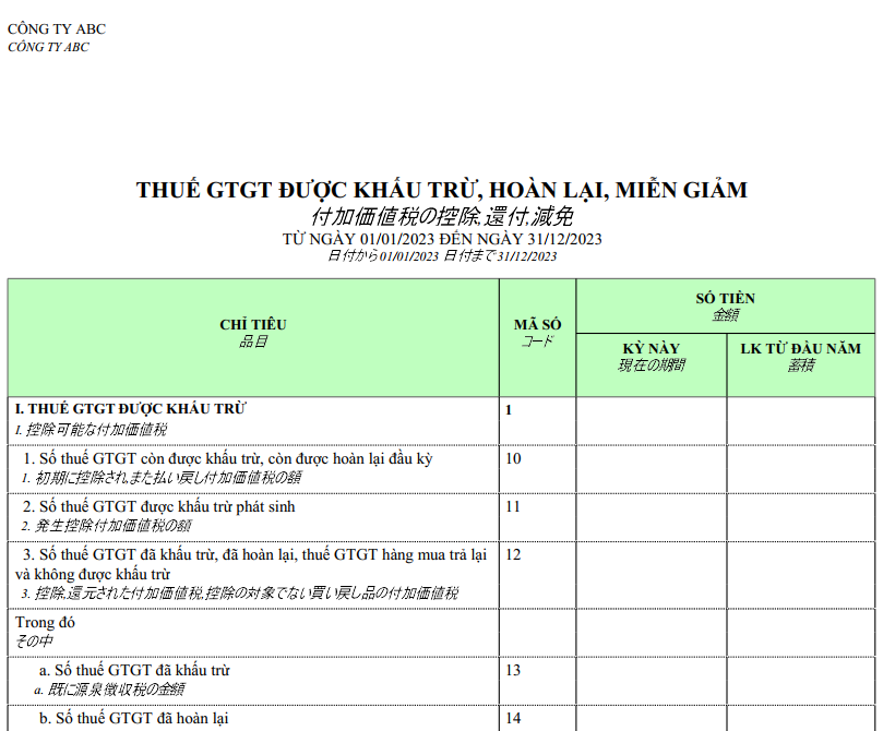 Mẫu báo cáo thuế GTGT được khấu trừ, miễn giảm, hoàn lại ( SONG NGỮ - TIẾNG NHẬT )