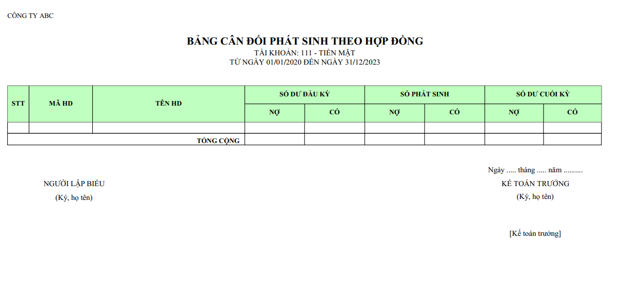 Mẫu bảng cân đối phát sinh theo hợp đồng