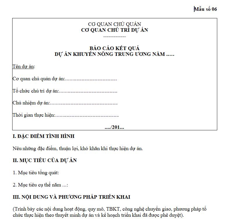 Mẫu số 06: Báo cáo kết quả dự án khuyến nông trung ương
