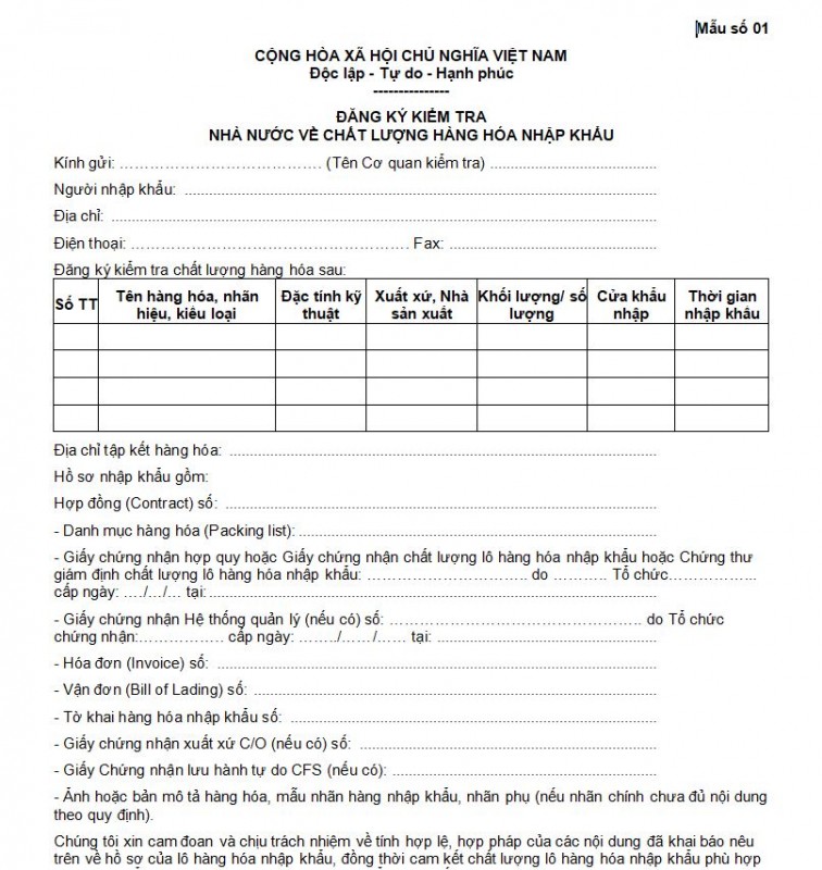 Mẫu số 01: Đăng ký kiểm tra nhà nước về chất lượng hàng hóa nhập khẩu