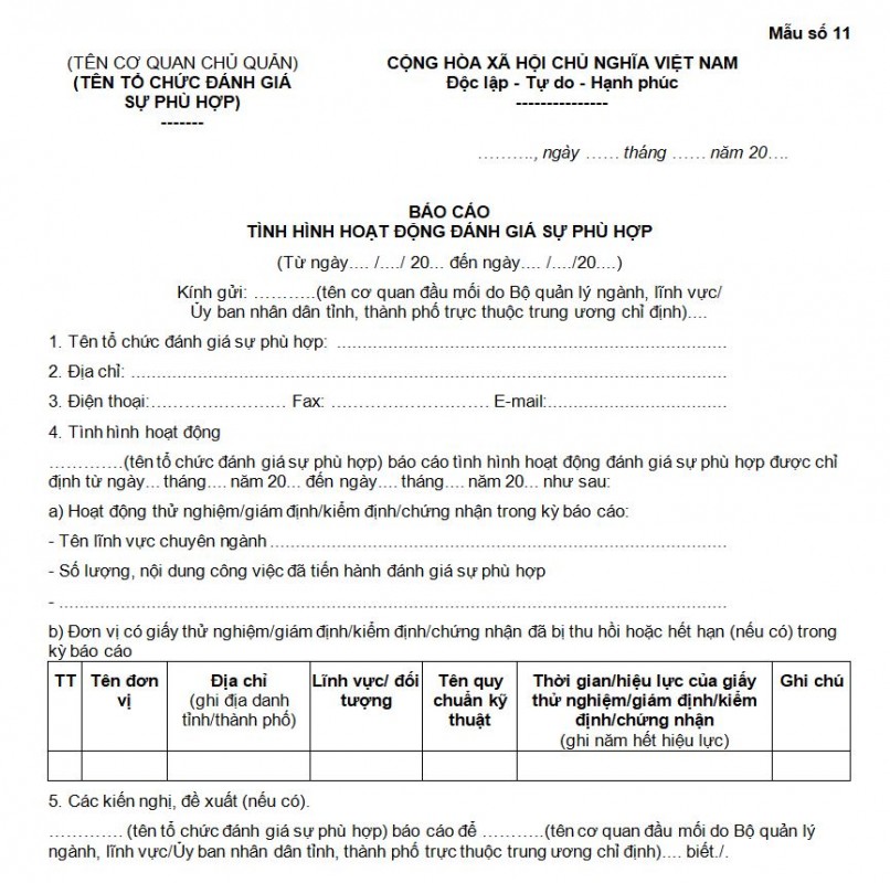 Mẫu số 11: Báo cáo tình hình hoạt động đánh giá sự phù hợp