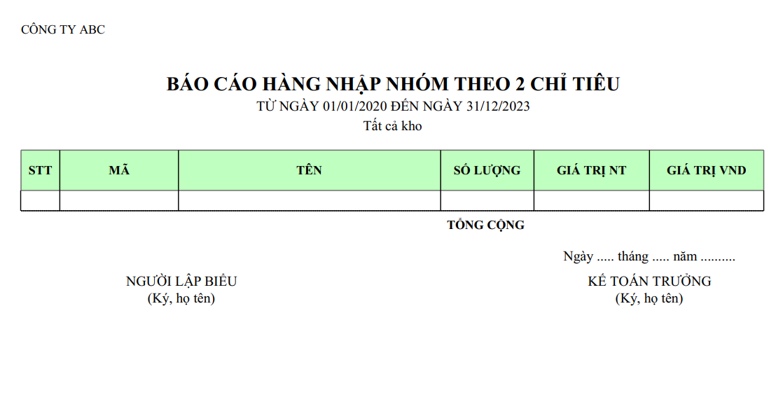 Mẫu báo cáo mua hàng nhập nhóm theo 2 chỉ tiêu ( Ngoại tệ )