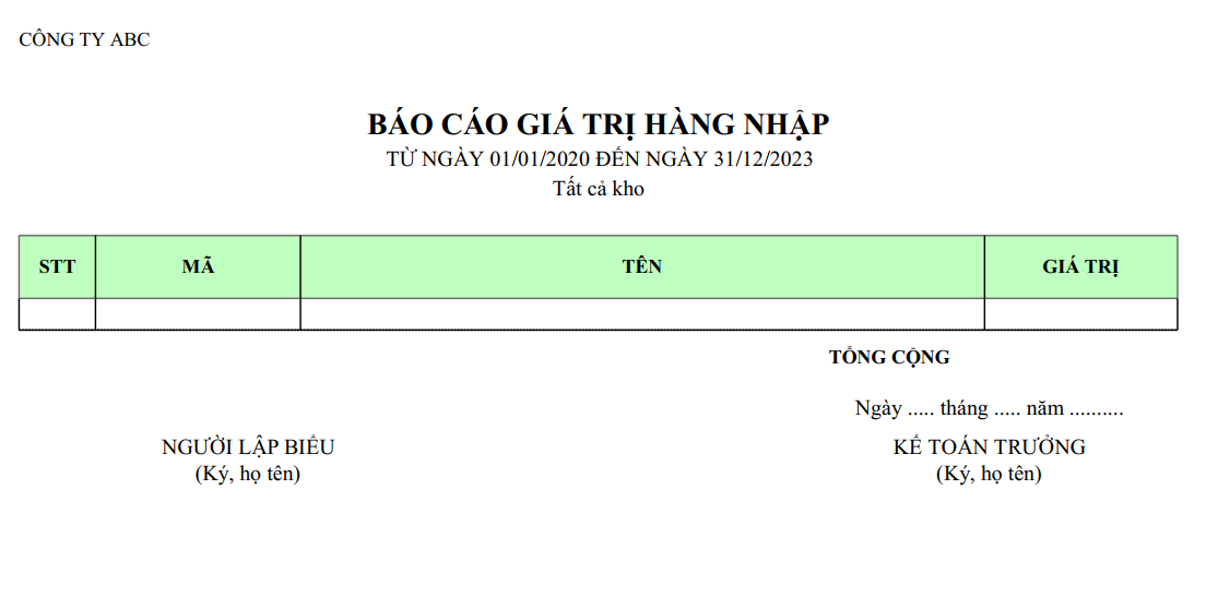 Mẫu báo cáo giá trị hàng nhập