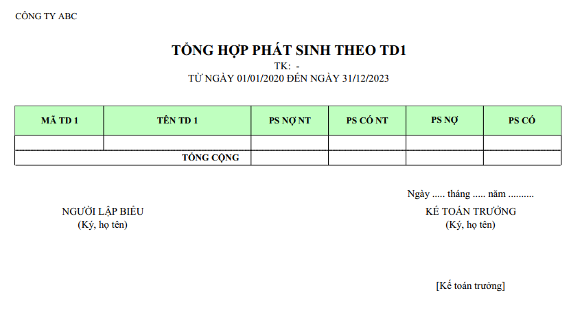 Mẫu tổng hợp phát sinh theo trường tự do ( Ngoại tệ )