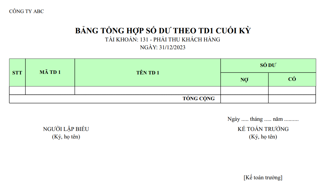 Mẫu bảng tổng hợp số dư theo trường tự do cuối kỳ