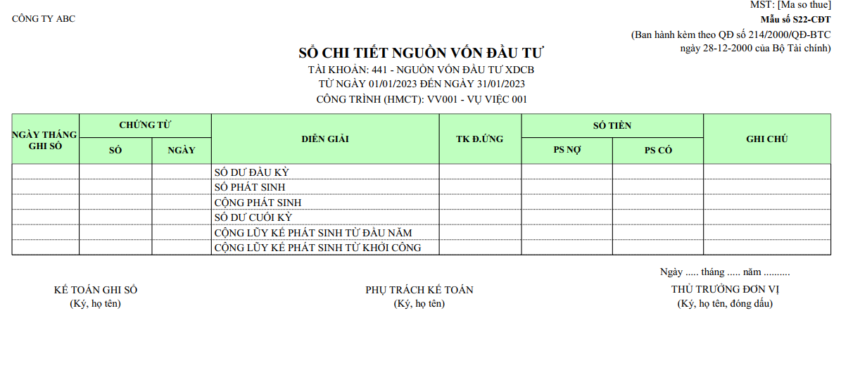 Mẫu sổ chi tiết nguồn vốn đầu tư