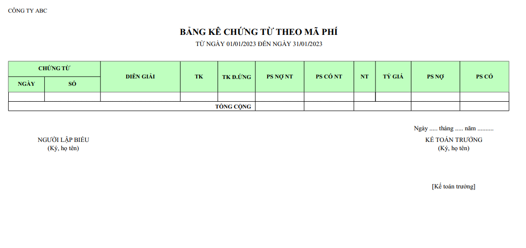 Mẫu bảng kê chứng từ theo mã phí ( NGOẠI TỆ )